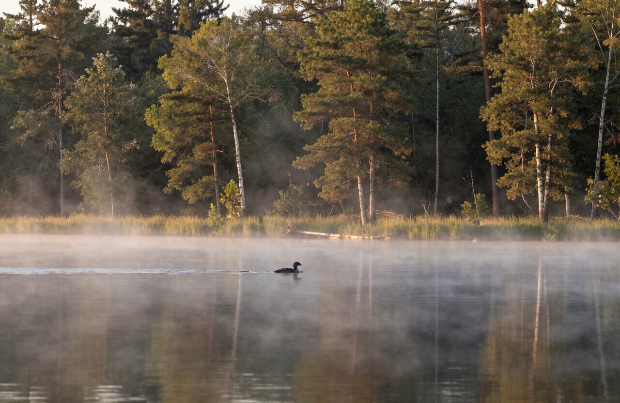 A calm Minnesota lake with clear water reflecting a blue sky and treeline