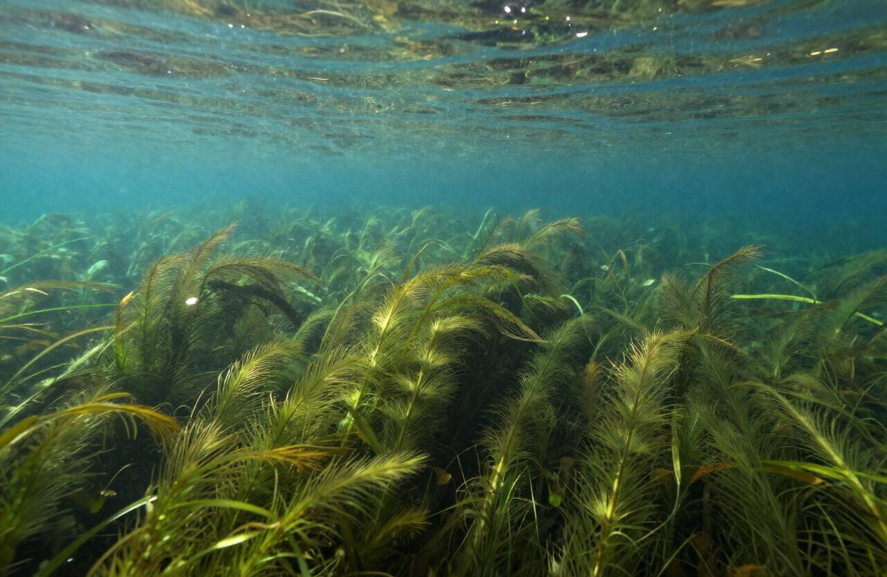 Eurasian watermilfoil strands reaching toward the surface of a Minnesota lake