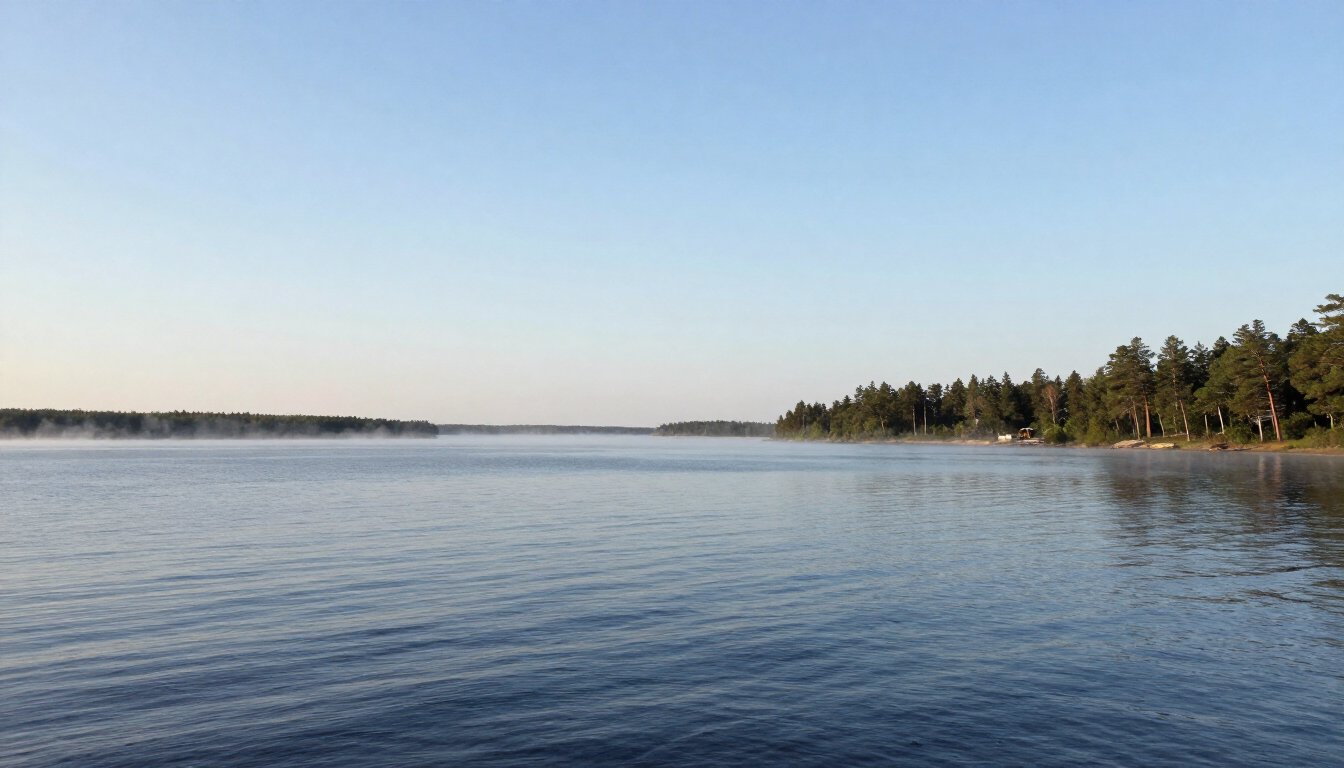 A calm, wide Minnesota lake at early morning: open blue water and sky with a low pine-lined shoreline on the horizon.