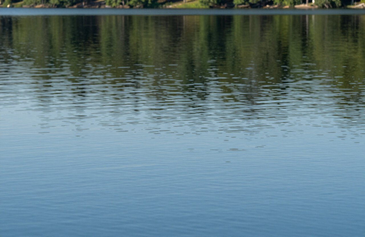 Close-up of calm lake water with gentle ripples reflecting sky and trees.